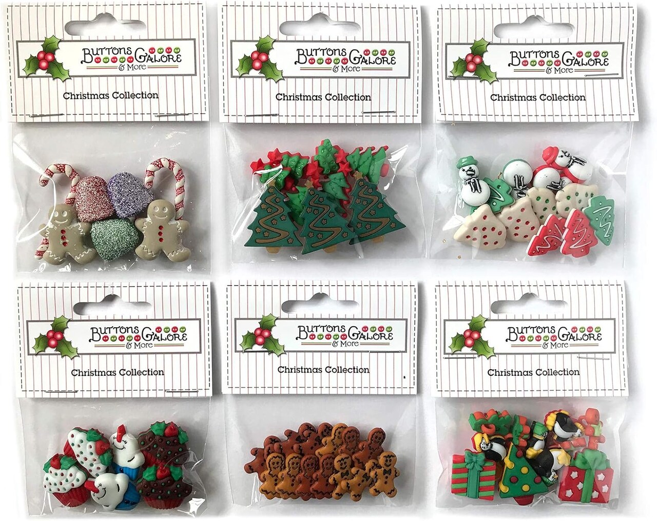 60+ Assorted Christmas Buttons for Sewing & Crafts - Set of 6 Button Packs - Gingerbread, Presents, Chirstmas Trees & More